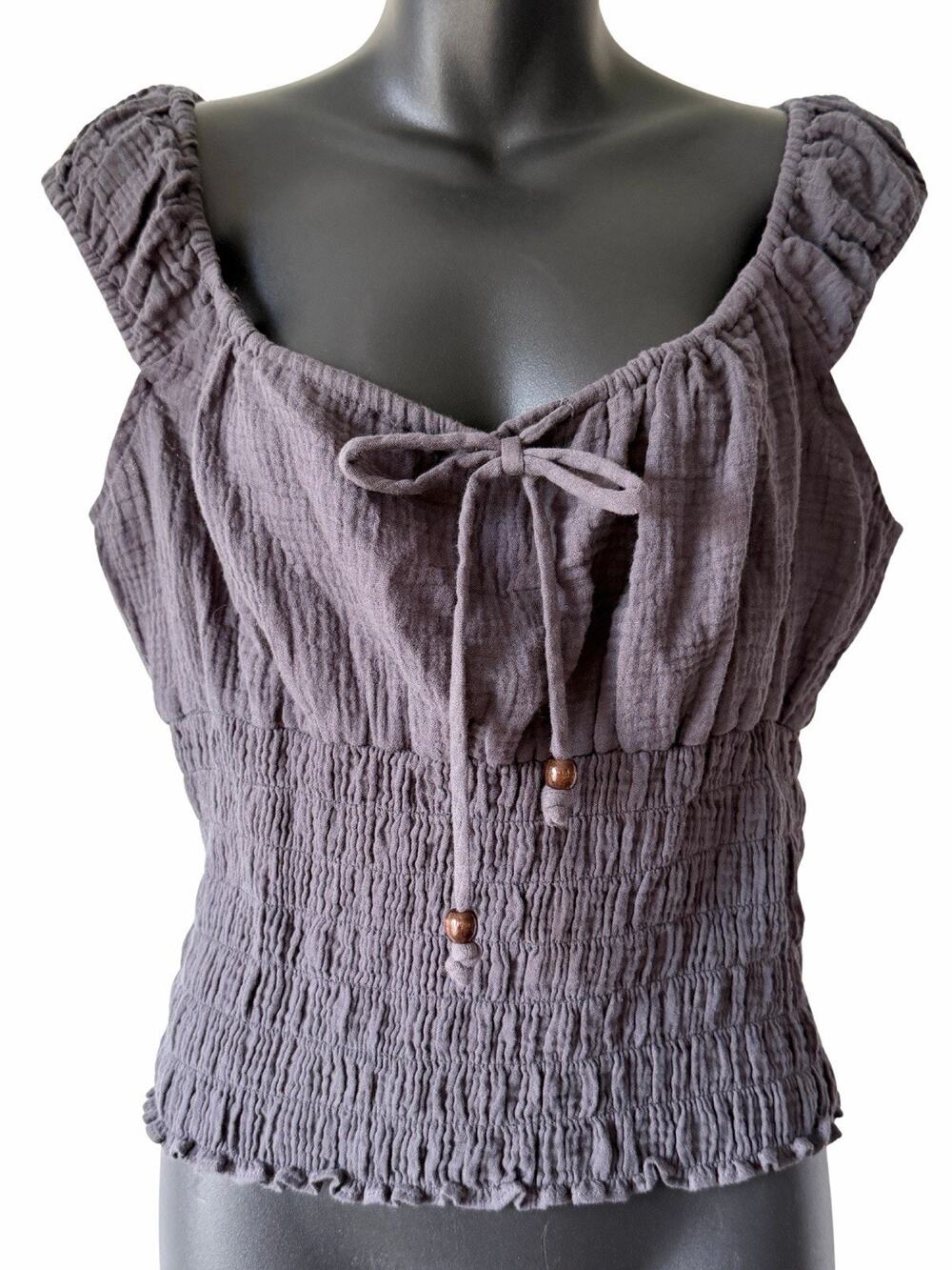 Böhme Gray Peasant Milk Maid Top Womens Large Gray Smocked Puff Sleeve Cotton